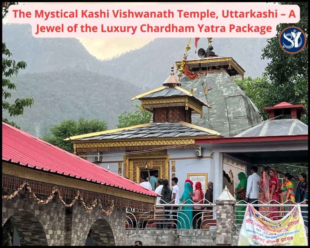 "A high-resolution image of Kashi Vishwanath Temple in Uttarkashi, nestled amidst the Himalayan hills, showcasing traditional stone architecture, sacred Shiva Linga inside, and the serene Bhagirathi river flowing nearby under a clear blue sky."