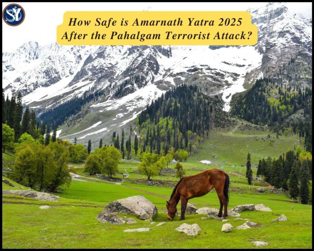 A scenic view of Kashmir’s lush green valley surrounded by snow-capped mountains, representing the route of the Amarnath Yatra and reflecting both natural beauty and spiritual significance.