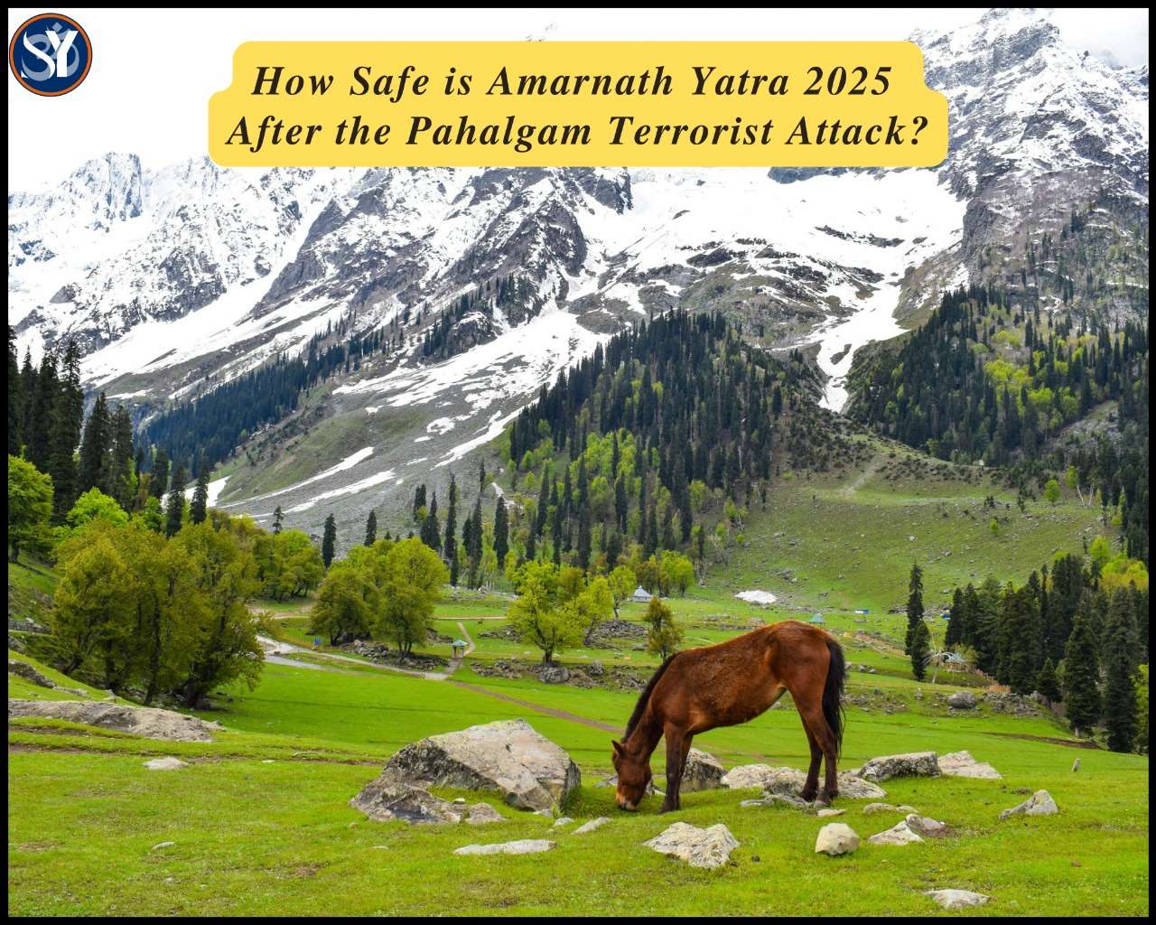 A scenic view of Kashmir’s lush green valley surrounded by snow-capped mountains, representing the route of the Amarnath Yatra and reflecting both natural beauty and spiritual significance.