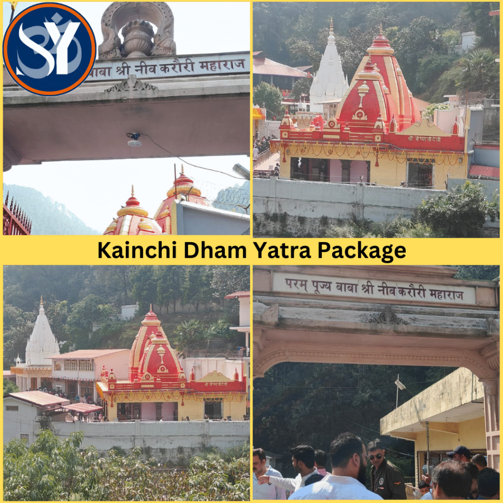 A collage of four scenic digital landscape photographs capturing the spiritual ambiance of Kainchi Dham Ashram and the serene hills of Bhawali, Uttarakhand; includes views of temple architecture, pine forests, and peaceful riverbanks under clear skies — ideal visuals for promoting Kainchi Dham Yatra Packages.