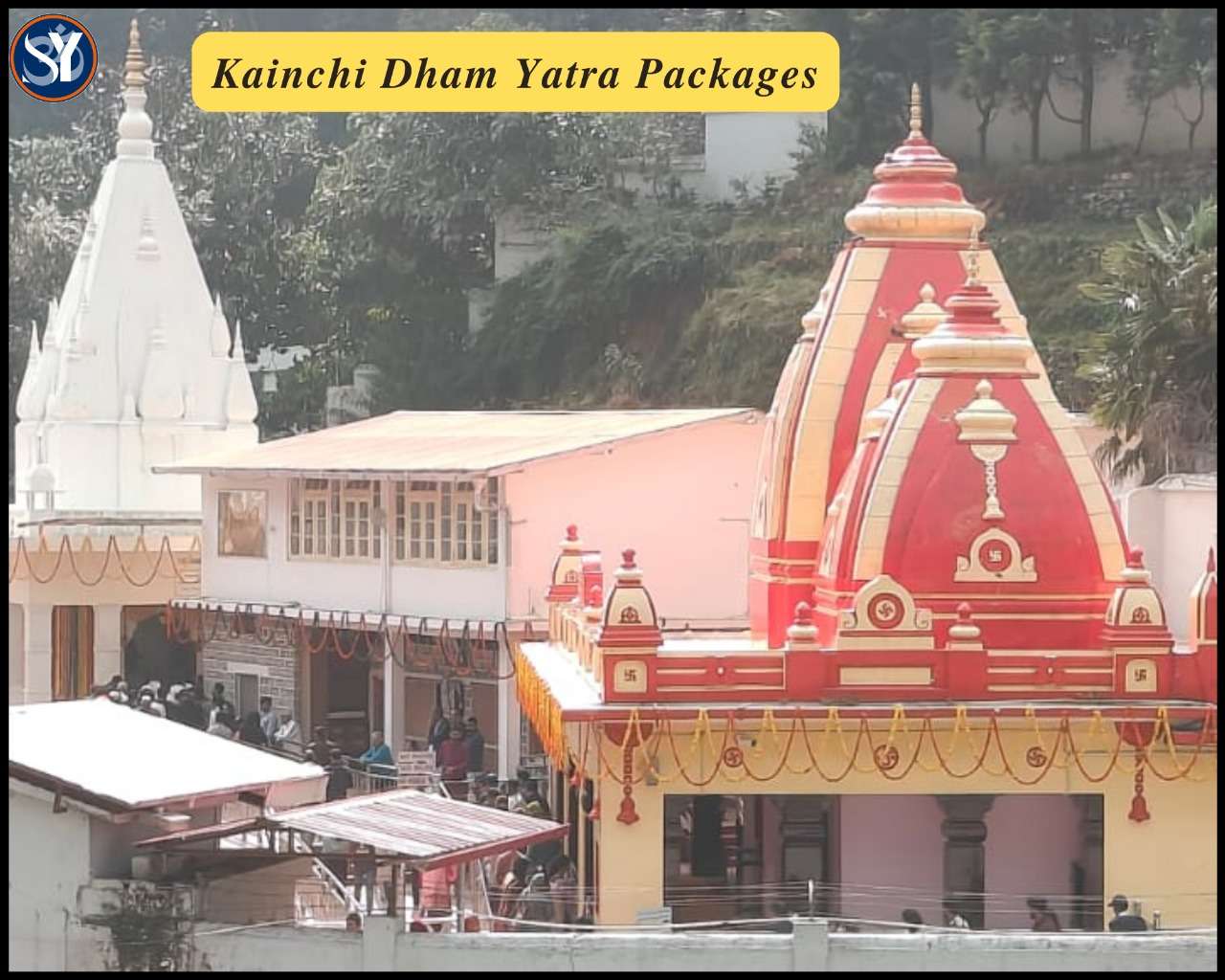 A peaceful landscape of Kainchi Dham Ashram surrounded by tall pine trees and Himalayan foothills in Bhawali, Uttarakhand, with devotees offering prayers — a spiritual and serene setting ideal for promoting Kainchi Dham Yatra Packages.