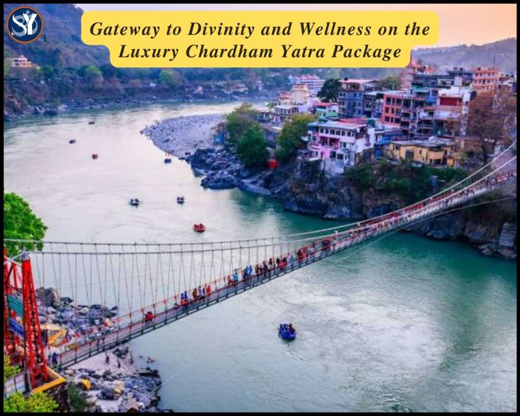 A serene landscape view of Rishikesh featuring the Ganga River, iconic suspension bridge, and distant Himalayan foothills, symbolizing its role as the gateway to the Char Dham Yatra.