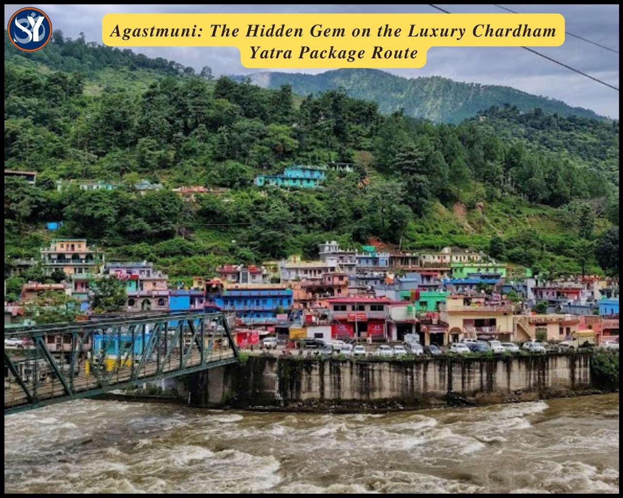 A scenic digital painting of Agastmuni village nestled in the Himalayas, with the Agasteshwar Mahadev Temple beside the Mandakini River, surrounded by lush green hills, representing a key stop on the Luxury Chardham Yatra Package route.