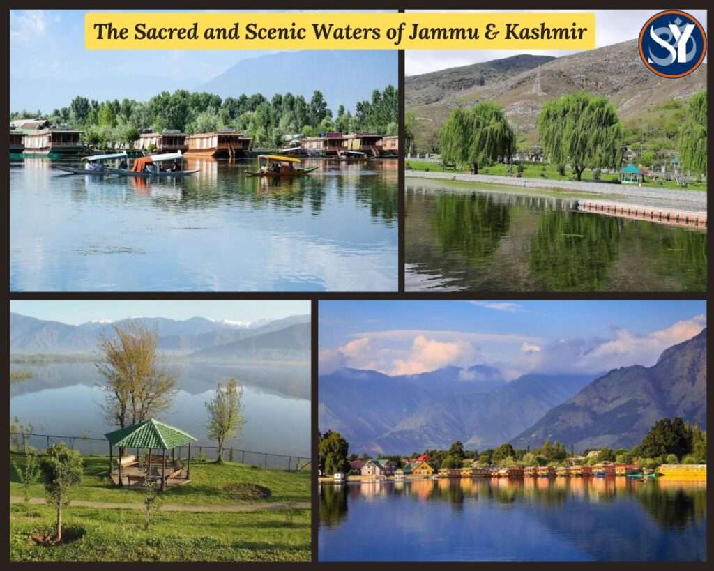 A breathtaking view of alpine lakes in Jammu and Kashmir, including Sheshnag and Gangbal, surrounded by snow-covered Himalayan peaks. Devotees in traditional attire gaze at the serene waters, while a helicopter flies above, symbolizing a Luxury Amarnath Yatra Package with helicopter access.