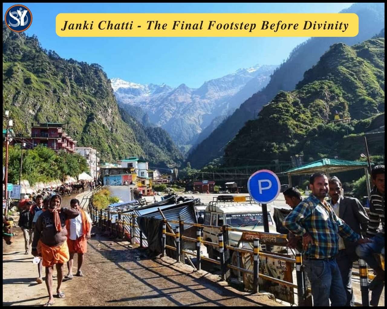 "A digital illustration of Jankichatti village nestled in the Himalayas, showing traditional houses, lush greenery, and snow-capped peaks under a clear blue sky, representing a peaceful stop on the Luxury Chardham Yatra Package."