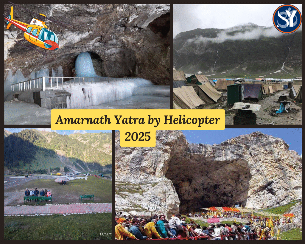 Helicopter flying over the snow-covered Himalayas towards the sacred Amarnath Cave, with a radiant Shivling inside, symbolizing the spiritual journey of the Amarnath Yatra by helicopter.