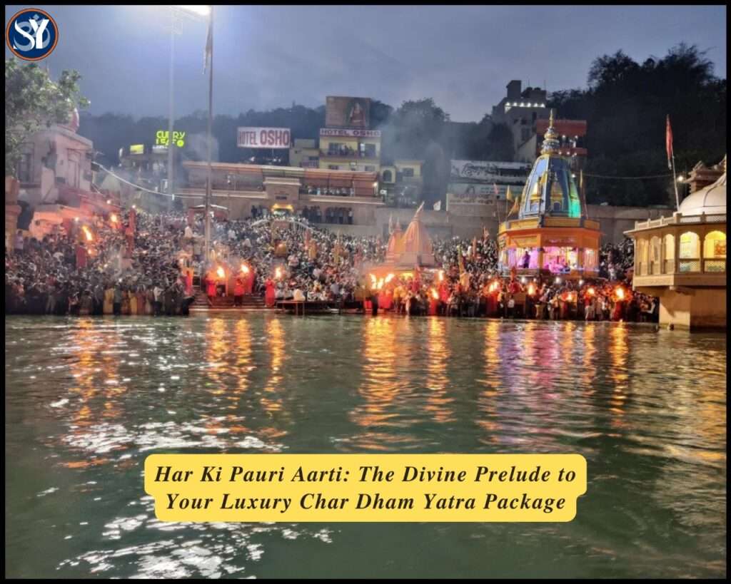 Priests performing evening Ganga Aarti at Har Ki Pauri in Haridwar during the Luxury Char Dham Yatra Package