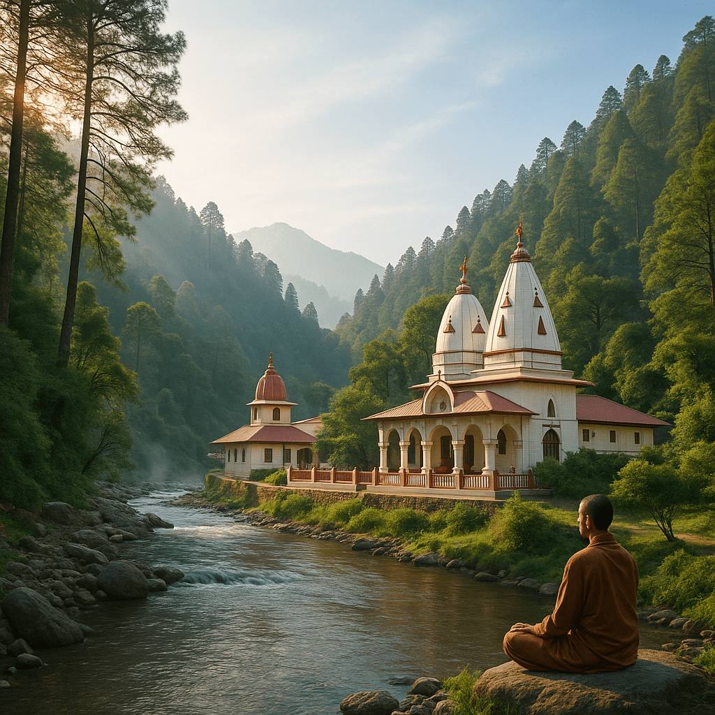 A peaceful Himalayan valley with Kainchi Dham Ashram beside a flowing river, surrounded by lush green pine forests and misty hills. A monk in an orange robe meditates by the riverbank under the golden morning light, evoking a serene and spiritual atmosphere.