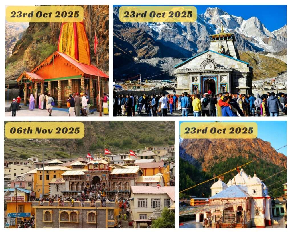 A panoramic view of the Kedarnath Temple surrounded by snow-capped Himalayan peaks during sunset, with pilgrims and security personnel in warm clothing, symbolizing the sacred conclusion of the Char Dham Yatra before winter closures.