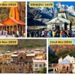 A panoramic view of the Kedarnath Temple surrounded by snow-capped Himalayan peaks during sunset, with pilgrims and security personnel in warm clothing, symbolizing the sacred conclusion of the Char Dham Yatra before winter closures.