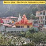 A peaceful view of Kainchi Dham Ashram nestled in the green hills of Uttarakhand, surrounded by pine forests and the flowing Kosi River, with devotees walking calmly in a serene spiritual setting.