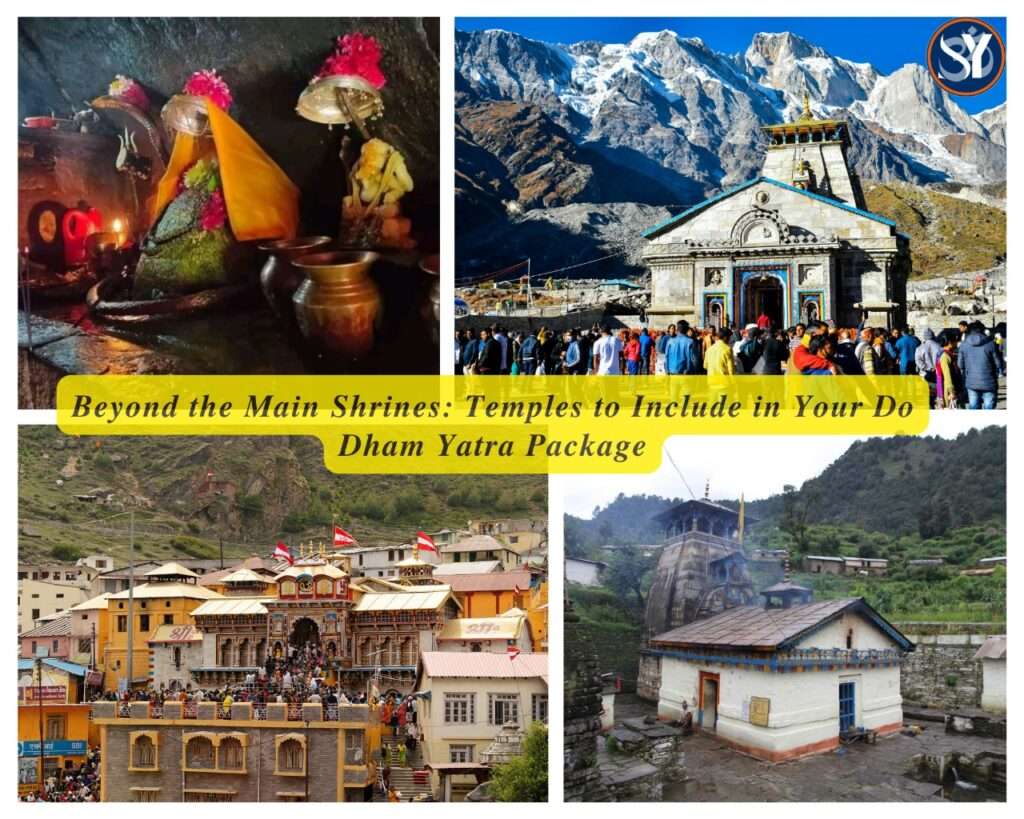 Collage of sacred temples visited during the Do Dham Yatra in Uttarakhand, including Kedarnath Temple with snowy peaks, Badrinath Temple with colorful façade, Triyuginarayan Temple in a forested setting, Kalpeshwar Temple in a rocky valley, and ancient shrines of Adi Badri, set against a serene Himalayan backdrop with glowing spiritual ambiance.