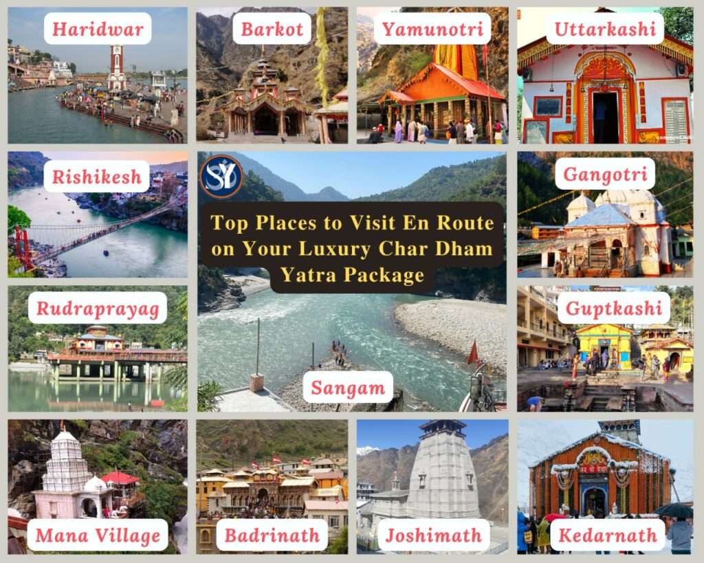 Collage of key stops on the Luxury Char Dham Yatra route in Uttarakhand, featuring Haridwar Ganga Aarti, Rishikesh's Laxman Jhula, Yamunotri trek path from Janki Chatti, Gangotri Temple, snow-capped Kedarnath Temple, Badrinath Temple, Joshimath town, and Mana Village, with added elements like pilgrims, helicopters, and Himalayan scenery to reflect a luxurious spiritual journey.