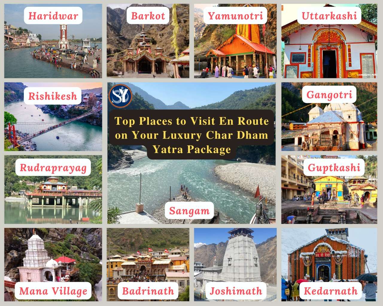 Collage of key stops on the Luxury Char Dham Yatra route in Uttarakhand, featuring Haridwar Ganga Aarti, Rishikesh's Laxman Jhula, Yamunotri trek path from Janki Chatti, Gangotri Temple, snow-capped Kedarnath Temple, Badrinath Temple, Joshimath town, and Mana Village, with added elements like pilgrims, helicopters, and Himalayan scenery to reflect a luxurious spiritual journey.