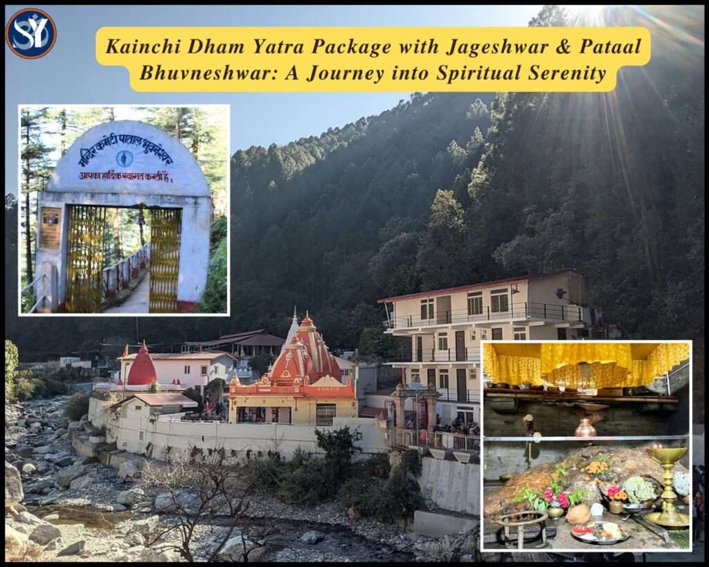 A high-resolution photograph captures Kainchi Dham, Jageshwar Temple complex, and a red-roofed shrine near a river, all nestled in a lush green valley surrounded by dense pine forests in Uttarakhand.