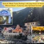 A high-resolution photograph captures Kainchi Dham, Jageshwar Temple complex, and a red-roofed shrine near a river, all nestled in a lush green valley surrounded by dense pine forests in Uttarakhand.