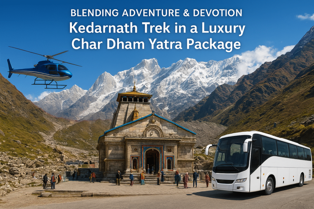 "Kedarnath Temple with snow-covered Himalayan peaks in the background, a luxury white bus parked nearby, and a helicopter flying above, symbolizing the blend of adventure and devotion in a Luxury Char Dham Yatra Package."