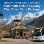 "Kedarnath Temple with snow-covered Himalayan peaks in the background, a luxury white bus parked nearby, and a helicopter flying above, symbolizing the blend of adventure and devotion in a Luxury Char Dham Yatra Package."