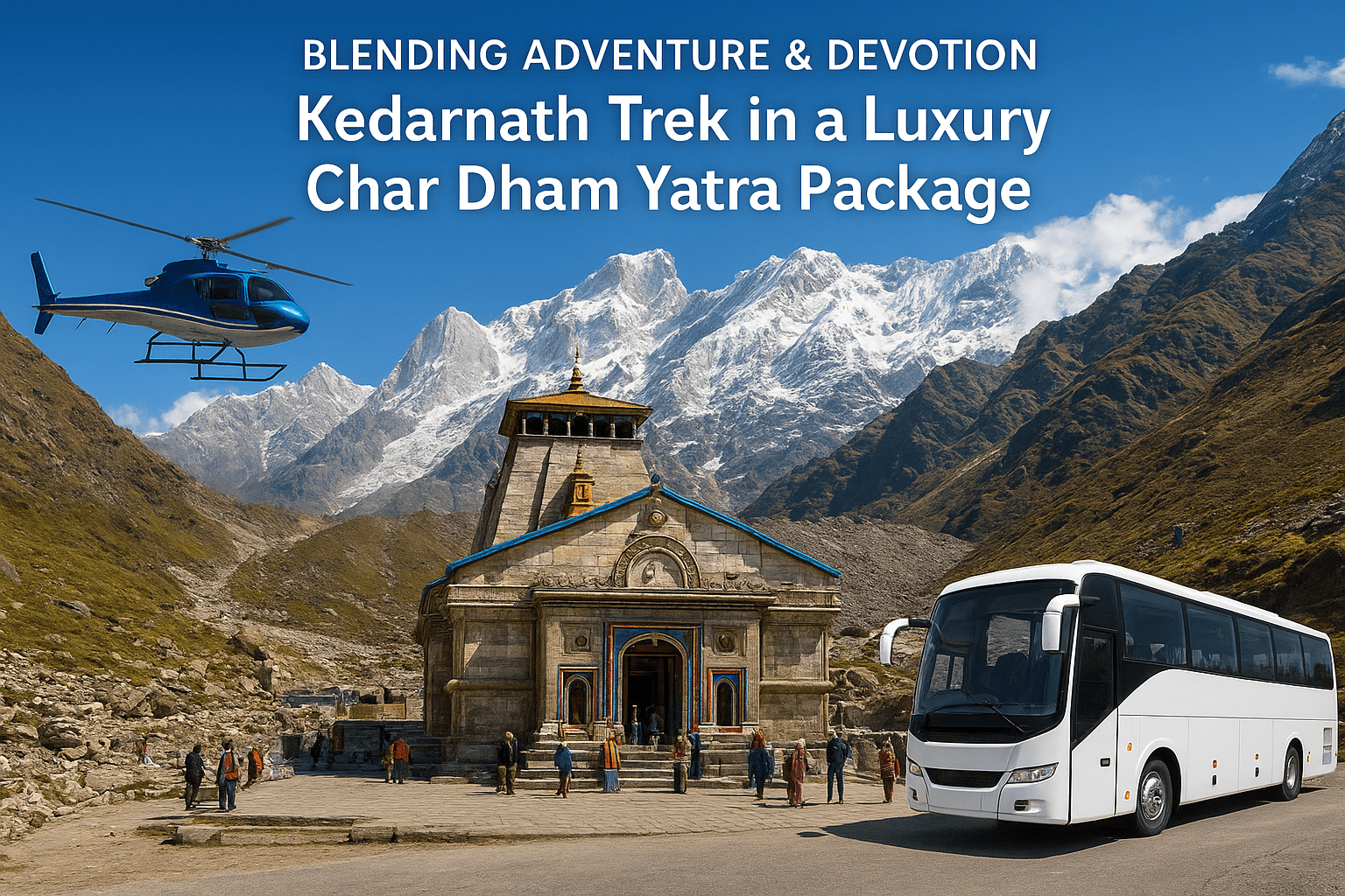 "Kedarnath Temple with snow-covered Himalayan peaks in the background, a luxury white bus parked nearby, and a helicopter flying above, symbolizing the blend of adventure and devotion in a Luxury Char Dham Yatra Package."