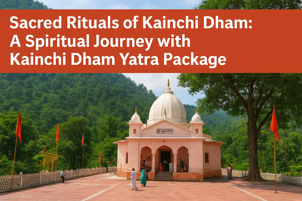 Rituals of Kainchi Dham: Spiritual Practices and Their Importance in a Kainchi Dham Yatra Package 2 Devotees performing rituals at Kainchi Dham Ashram with incense, lamps, and offerings, symbolizing spiritual practices included in a Kainchi Dham Yatra Package.