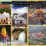 Devotees on a serene pilgrimage route in the Himalayas with snow-capped peaks, temples, and helicopter service representing the Luxury Char Dham Yatra Package, Luxury Amarnath Yatra Package, and Kainchi Dham Yatra Packages.