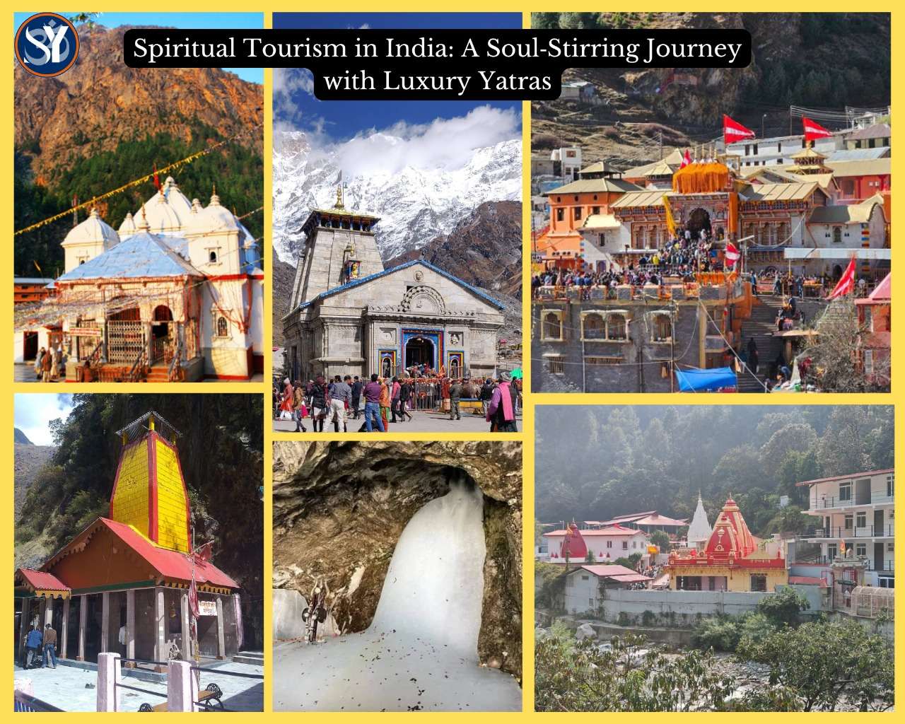 Devotees on a serene pilgrimage route in the Himalayas with snow-capped peaks, temples, and helicopter service representing the Luxury Char Dham Yatra Package, Luxury Amarnath Yatra Package, and Kainchi Dham Yatra Packages.