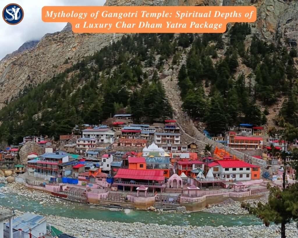 Snow-capped Himalayas and the sacred Gangotri Temple surrounded by lush greenery, representing the divine charm of the Luxury Char Dham Yatra Package.