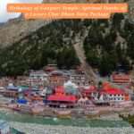 Snow-capped Himalayas and the sacred Gangotri Temple surrounded by lush greenery, representing the divine charm of the Luxury Char Dham Yatra Package.