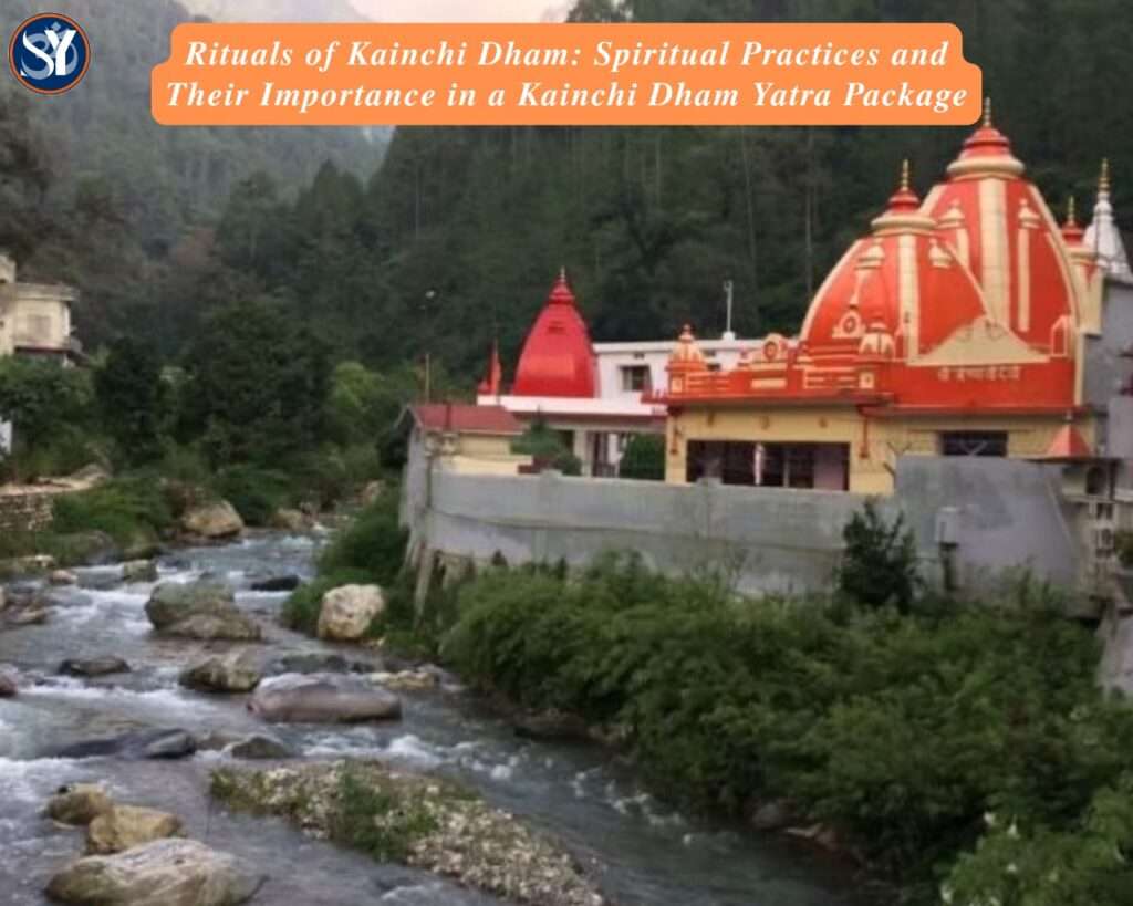 Devotees performing rituals at Kainchi Dham Ashram with incense, lamps, and offerings, symbolizing spiritual practices included in a Kainchi Dham Yatra Package.