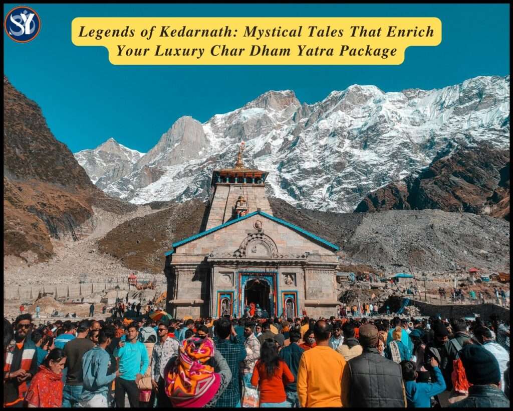 “Devotees at Kedarnath Temple surrounded by snow-clad Himalayas during a Luxury Char Dham Yatra Package”