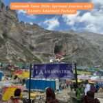 Promotional banner for Amarnath Yatra 2026 featuring the sacred Amarnath Cave with the ice Shivling, set against the Himalayan backdrop, highlighting Luxury Amarnath Package and Amarnath Yatra Package by Helicopter.
