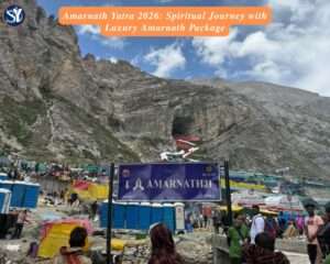 Amarnath Package From Srinagar via Pahalgam (3N/4D) 2 Promotional banner for Amarnath Yatra 2026 featuring the sacred Amarnath Cave with the ice Shivling, set against the Himalayan backdrop, highlighting Luxury Amarnath Package and Amarnath Yatra Package by Helicopter.