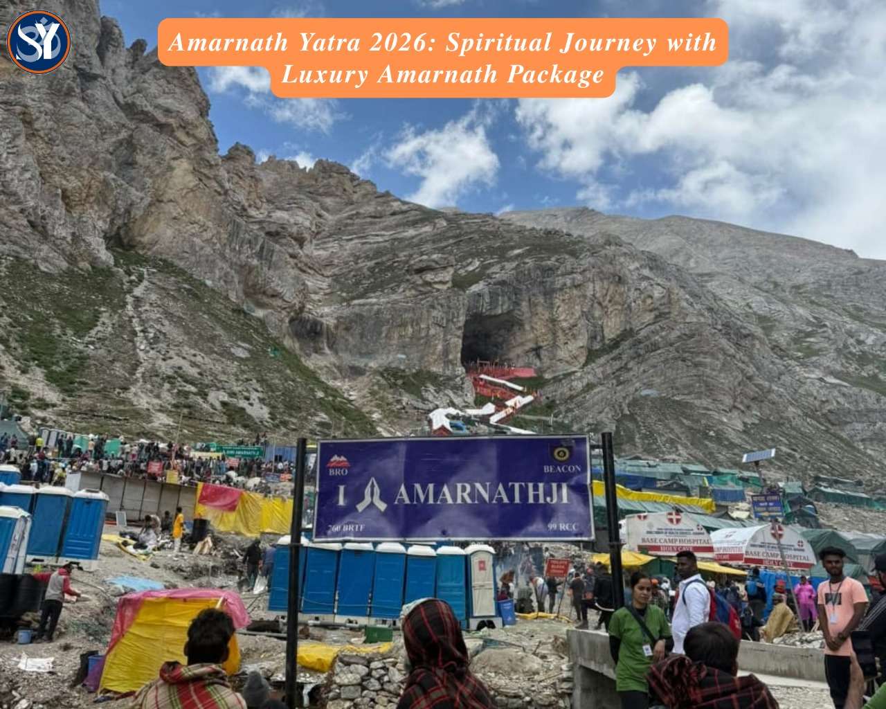 Promotional banner for Amarnath Yatra 2026 featuring the sacred Amarnath Cave with the ice Shivling, set against the Himalayan backdrop, highlighting Luxury Amarnath Package and Amarnath Yatra Package by Helicopter.