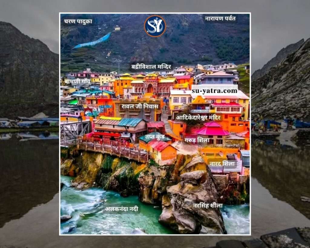 Badrinath Temple surrounded by snow-capped Himalayan peaks with devotees offering prayers, highlighting the divine experience of a Luxury Char Dham Yatra Package and nearby attractions.