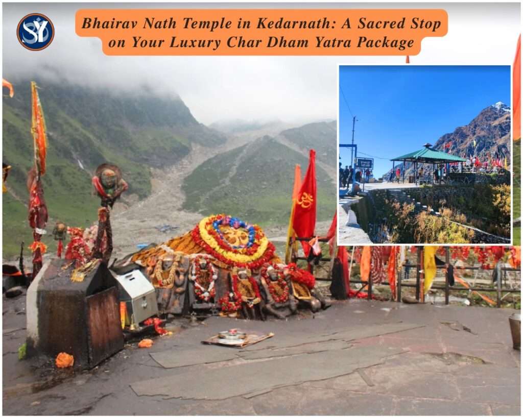 Alt Text: Bhairav Nath Temple in Kedarnath set against the snow-capped Himalayan peaks, with pilgrims offering prayers, highlighting its spiritual significance in a Luxury Char Dham Yatra Package.