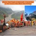 Alt Text: Bhairav Nath Temple in Kedarnath set against the snow-capped Himalayan peaks, with pilgrims offering prayers, highlighting its spiritual significance in a Luxury Char Dham Yatra Package.