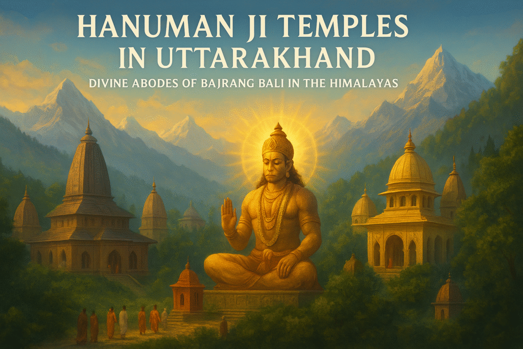 A spiritual digital painting of Hanuman Ji temples in Uttarakhand, with a divine Himalayan backdrop symbolizing the sacred connection to Kainchi Dham Yatra Package and Char Dham Yatra Package.