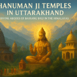 A spiritual digital painting of Hanuman Ji temples in Uttarakhand, with a divine Himalayan backdrop symbolizing the sacred connection to Kainchi Dham Yatra Package and Char Dham Yatra Package.