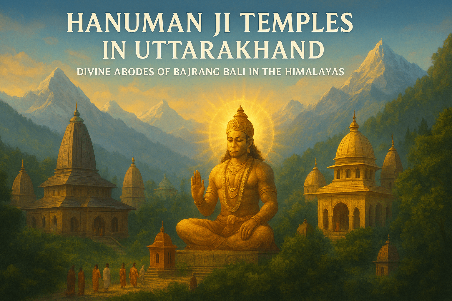 A spiritual digital painting of Hanuman Ji temples in Uttarakhand, with a divine Himalayan backdrop symbolizing the sacred connection to Kainchi Dham Yatra Package and Char Dham Yatra Package.
