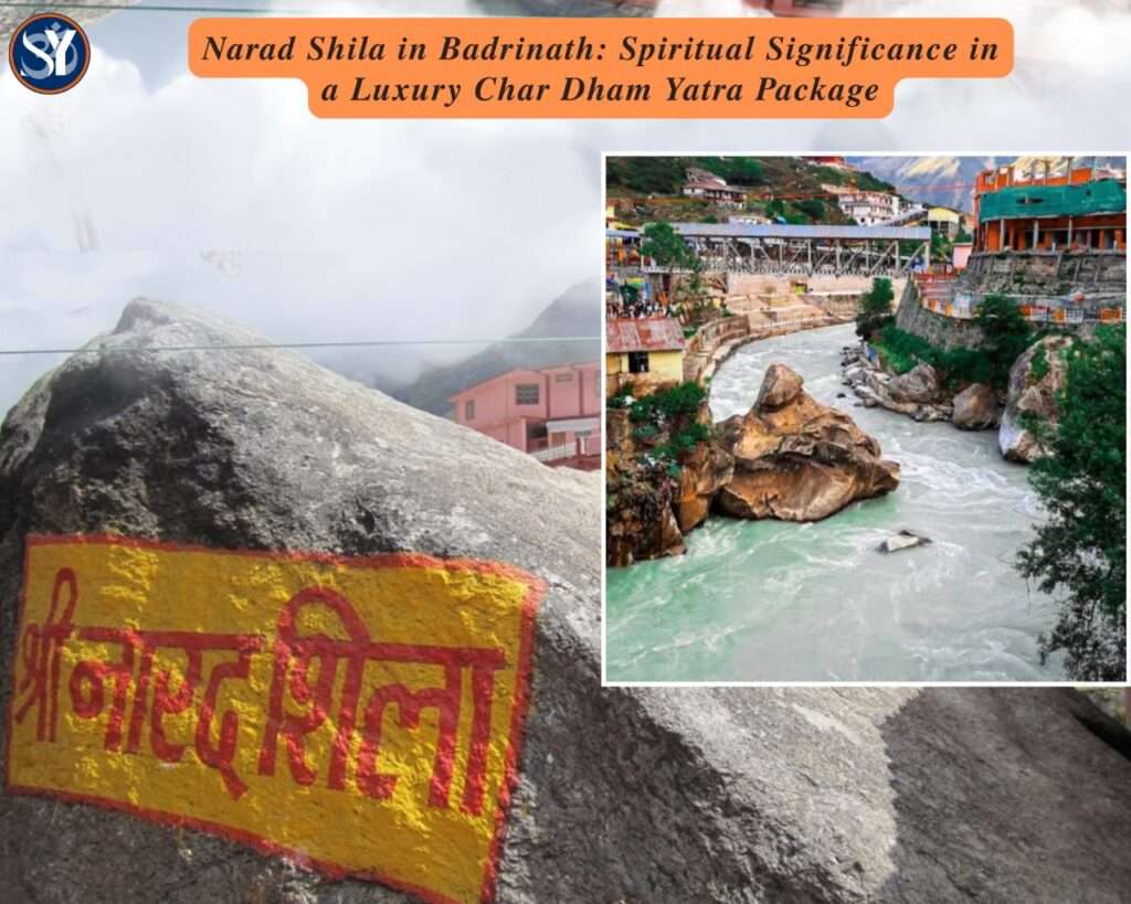 Narad Shila near Badrinath Temple on the banks of the Alaknanda River, surrounded by snow-capped Himalayan peaks, an important spiritual site in the Luxury Char Dham Yatra Package.