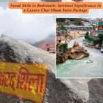 Narad Shila near Badrinath Temple on the banks of the Alaknanda River, surrounded by snow-capped Himalayan peaks, an important spiritual site in the Luxury Char Dham Yatra Package.