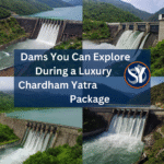 Collage of four scenic dams in Uttarakhand, showing massive spillways, turquoise reservoirs, and surrounding green mountains, with the title “Dams You Can Explore During a Luxury Chardham Yatra Package” and the Su-Yatra logo on the right side.