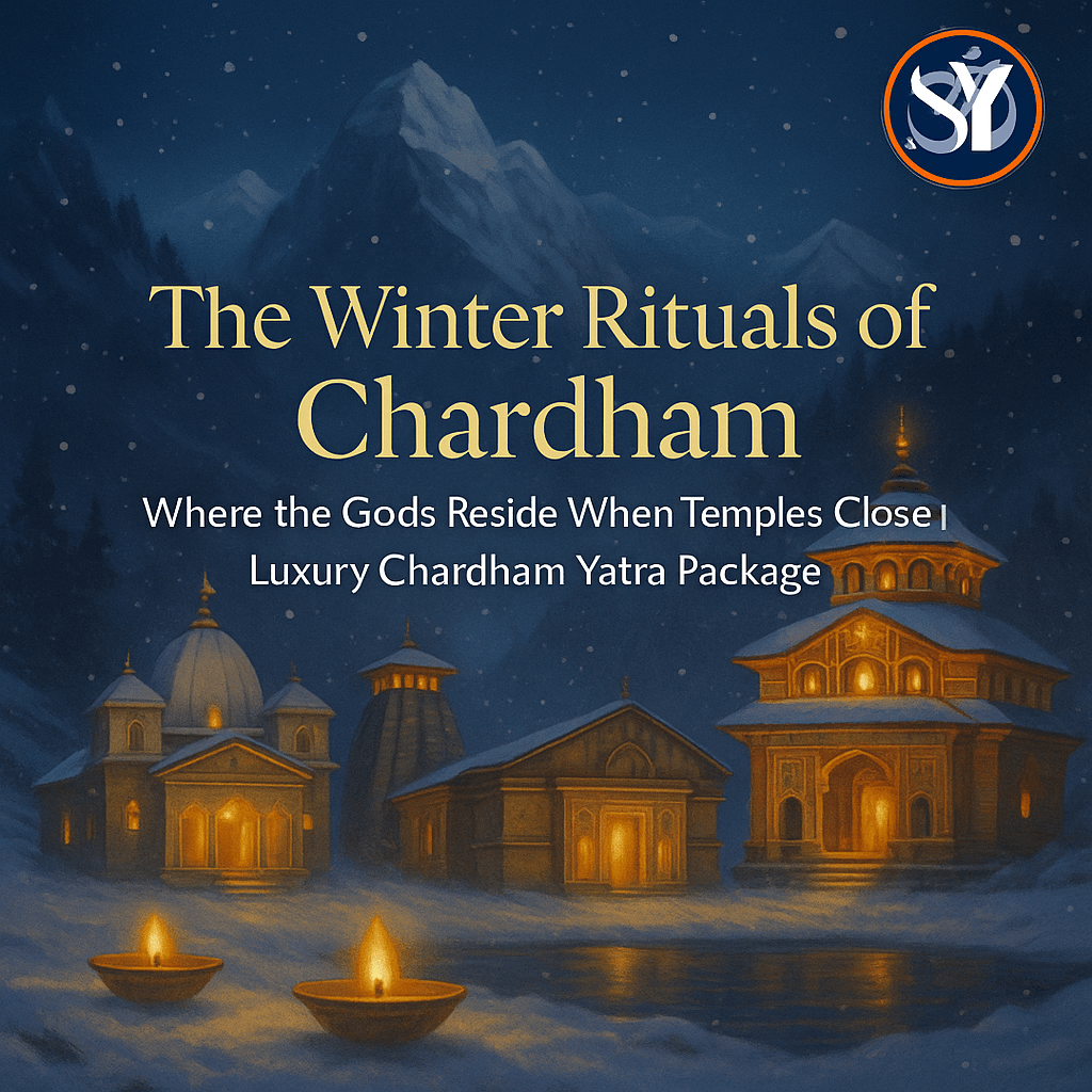 “A serene winter-themed digital illustration of the four Chardham temples—Yamunotri, Gangotri, Kedarnath, and Badrinath—glowing warmly amid snow-covered Himalayan mountains at dusk, with floating diyas in the foreground and the Su-Yatra logo placed in the top right corner.”