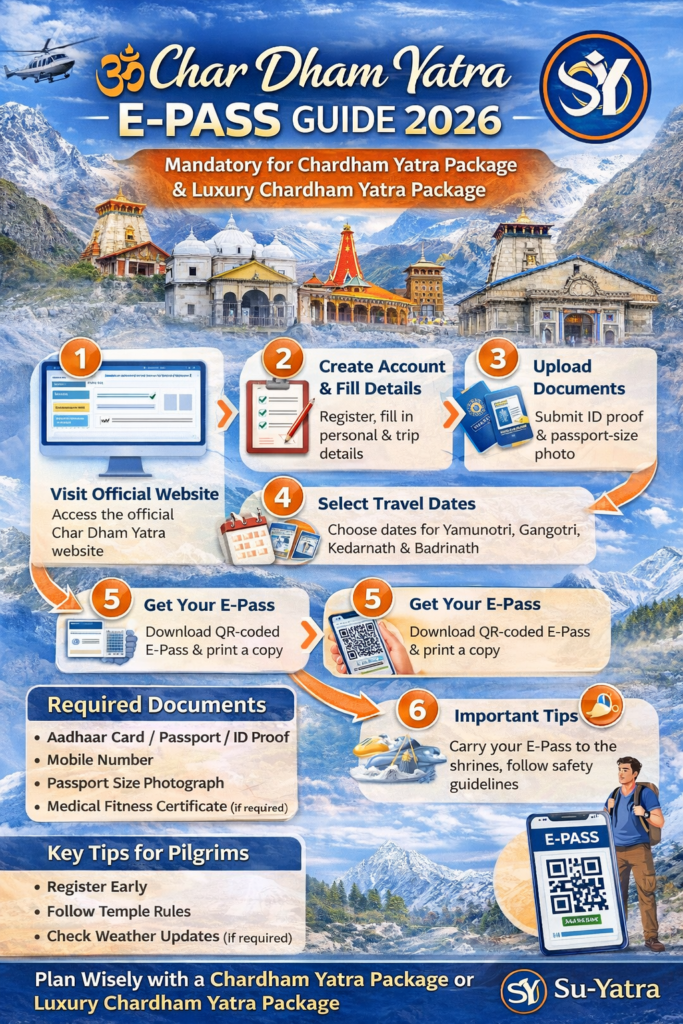 Infographic explaining Char Dham Yatra E-Pass registration process with steps, required documents, and tips for pilgrims visiting Yamunotri, Gangotri, Kedarnath, and Badrinath, featuring Su-Yatra logo and Chardham Yatra Package information.