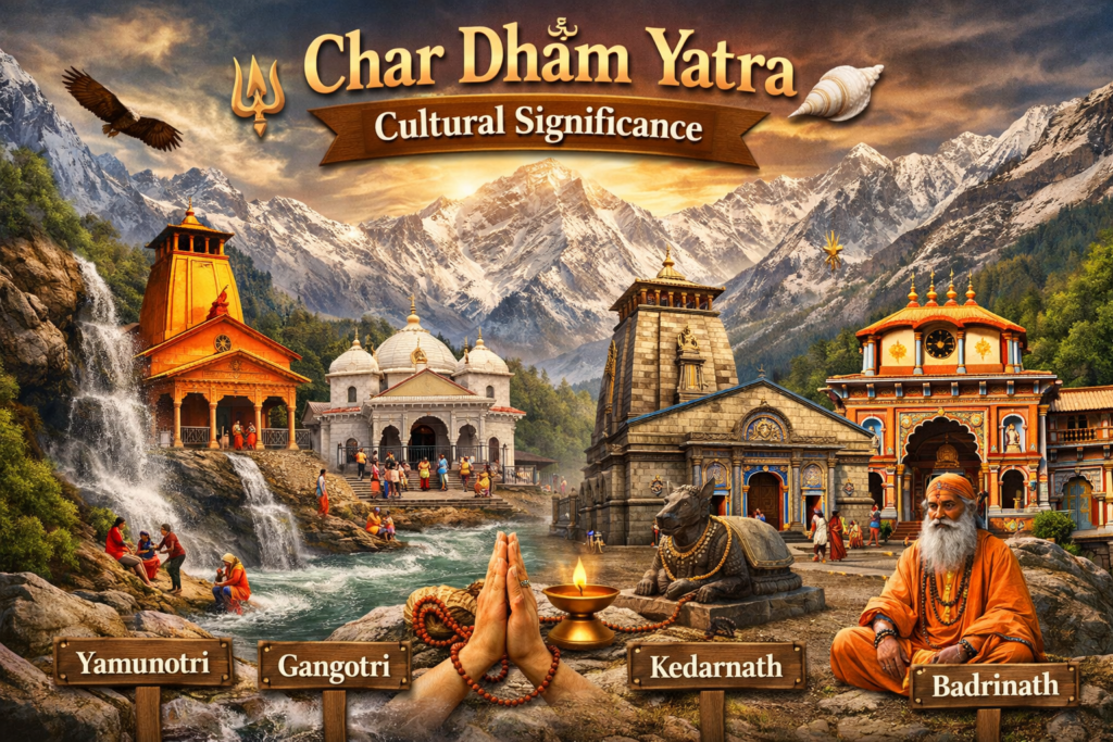 Char Dham Yatra cultural significance banner with Himalayan temples, saints, pilgrims and sacred river representing Indian spiritual heritage.
