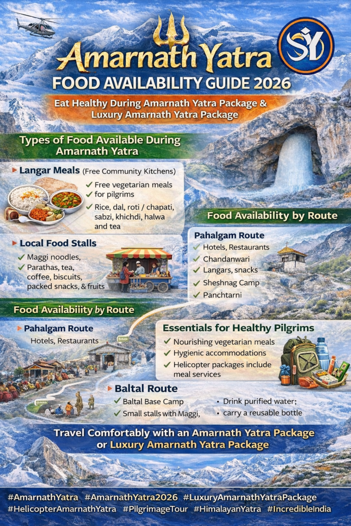 Infographic showing food availability during the Amarnath Yatra including langar meals, local food stalls, and food options on Pahalgam and Baltal routes, promoting Amarnath Yatra Package and Luxury Amarnath Yatra Package with Su-Yatra logo.