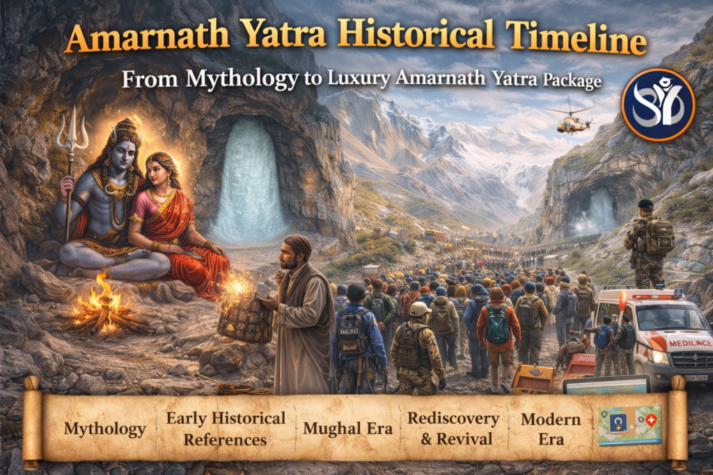 Amarnath Yatra history timeline image with Shiva Parvati, ancient sages, Buta Malik story and modern pilgrims in the Himalayas.