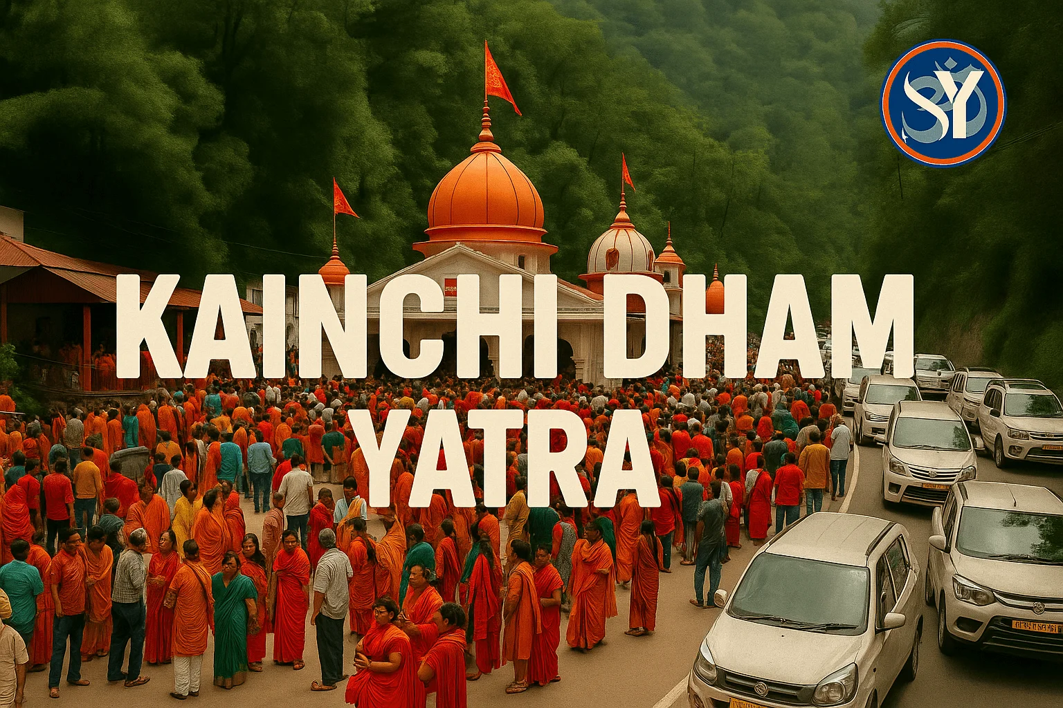 Devotees gather in large numbers at Kainchi Dham Ashram during the Kainchi Dham Yatra, with orange-domed temples, lush green hills, and vehicles lined up nearby. The image includes a travel logo at the top right corner symbolizing the spiritual and vibrant atmosphere of the pilgrimage.