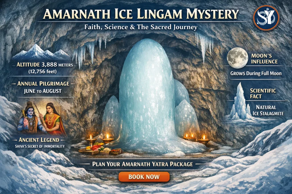 Amarnath Ice Lingam mystery explained through infographic with faith, science, and Amarnath Yatra Package details